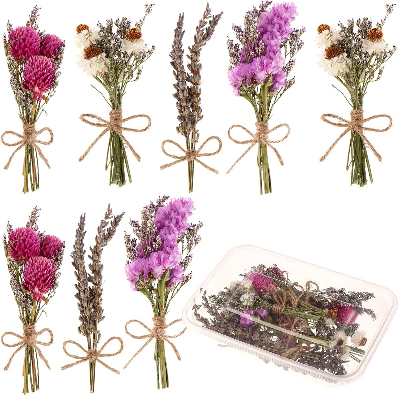 8 Pcs Mini Flower Bouquets Purple Natural Dried Flowers Bouquet Dry Flower&Leaves Lavender Dried Embossing Flower Bundles Plant Stem Bunch for DIY Craft,Photo Props,Wedding Decoration